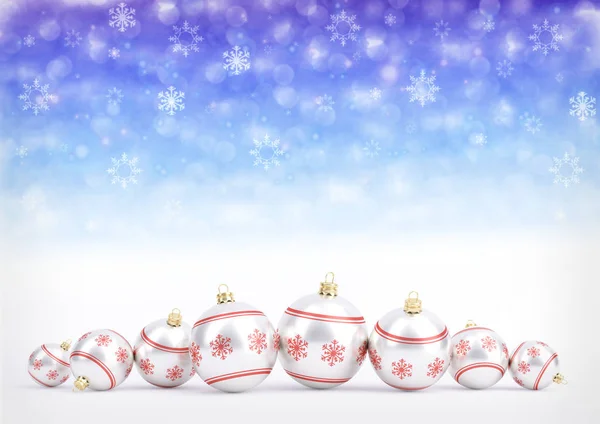 Red christmas balls on bokeh background with snowflakes. 3D illustration — Stock Photo, Image