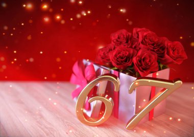 doğum günü hediye ahşap masa üzerinde kırmızı gül konseptiyle. altmış-yedinci. 67. 3d render