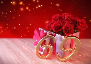 doğum günü hediye ahşap masa üzerinde kırmızı gül konseptiyle. altmış-Ondokuz. 69. 3d render