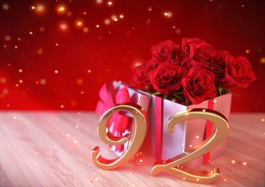 doğum günü hediye ahşap masa üzerinde kırmızı gül konseptiyle. doksan saniye. 92. 3d render