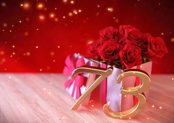 Födelsedag-konceptet med röda rosor i gåva på trä skrivbord. sjuttio-tredje. 73rd. 3d render — Stockfoto