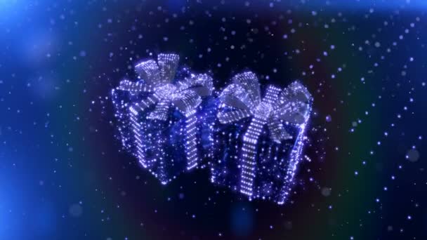 Magische blaue neonfarbene Weihnachtsgeschenke mit Bokeh-Partikeln Hintergrund. nahtlose Schleife. 3D-Darstellung. — Stockvideo