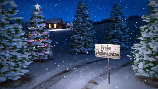 Animation of magic german winter scene with cottage and christmas tree. 3D визуализация. бесшовный цикл — стоковое видео