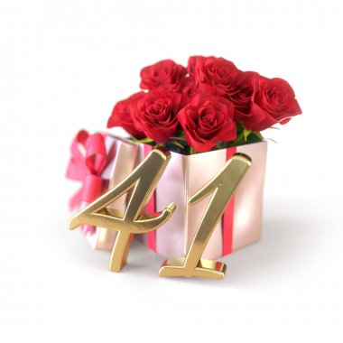 doğum günü hediye izole beyaz zemin üzerine kırmızı gül konseptiyle. Kırk-ilk. 41. 3d render