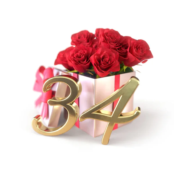 Concepto de cumpleaños con rosas rojas en regalo aislado sobre fondo blanco. Treinta y cuatro. 34º. Renderizado 3D —  Fotos de Stock