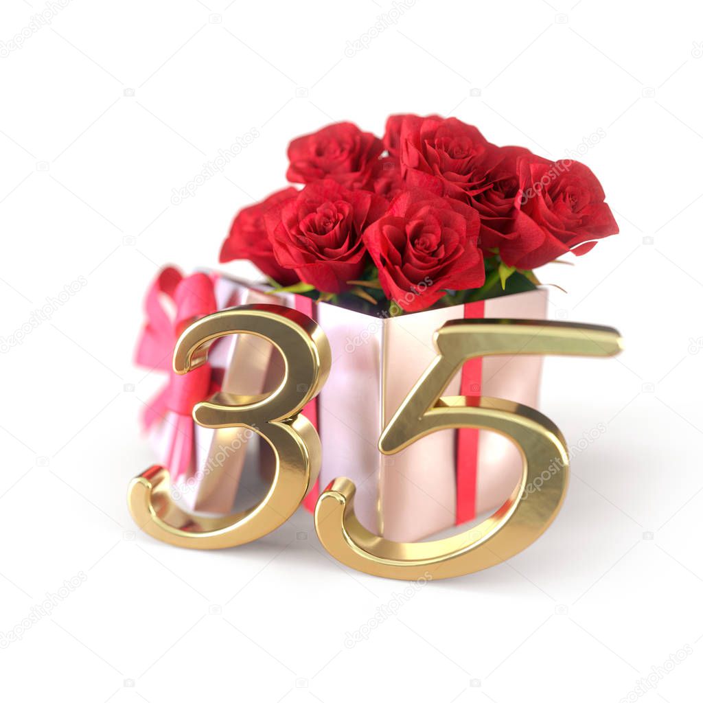 birthday concept with red roses in gift isolated on white background. thirty-fifth. 35th. 3D render