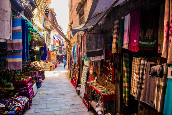 Market Street Shops Scarfs Corona Virus Bhaktapur Nepal — Stock Photo, Image