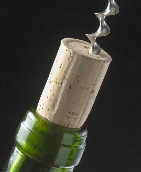Opening Bottle Wine Corkscrew Close Detai — Stock Photo, Image