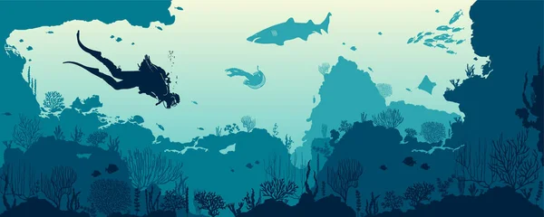 Silhouette Scuba Diver Shark Coral Reef Fishes Blue Sea Vector — Stock Vector