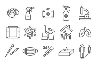 Basit Coronavirus Koruma Vektör Hattı Simgeleri. Koruyucu Tedbir, Coronavirüs semptomları, grip, kuluçka dönemi ve daha fazlası gibi simgeler içerir. 