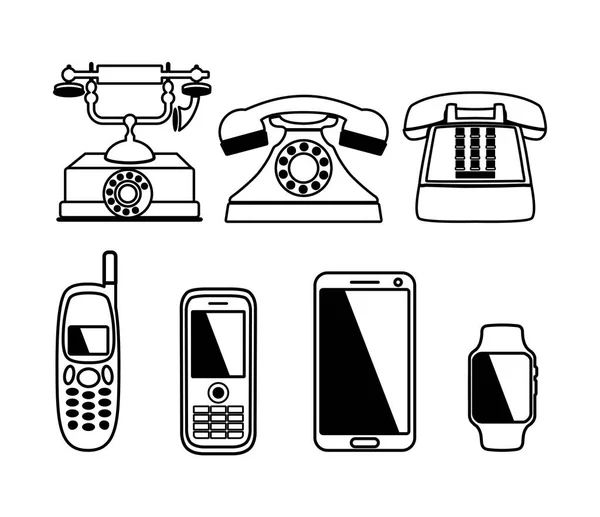 Iconos Vector Evolución Del Teléfono Teléfono Teléfono Inteligente Fax Teléfono — Vector de stock