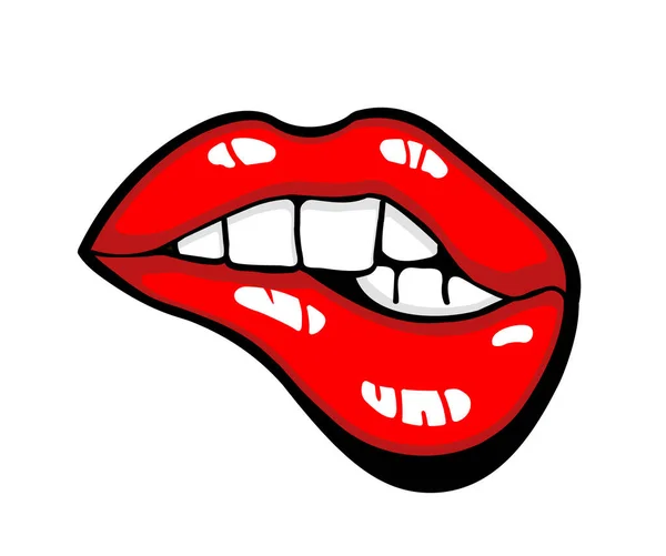 ベクトル女性の唇アイコンイラスト 歯を持つ赤い女性の口の形 愛のポスター ファッションバナー グリーティングカードのデザインのための口紅のメイクと美しいキスシンボル — ストックベクタ