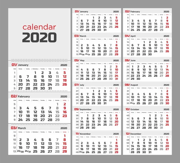 Kalender För 2020 Röd Bakgrund — Stock vektor