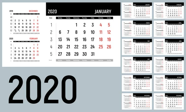 2020年日历 壁挂历规划模板 周从星期一开始 字体设计模板 12个月 矢量说明 — 图库矢量图片