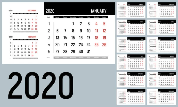 Kalender Für 2020 Kalendervorlage Für Wandkalender Die Woche Beginnt Montag — Stockvektor