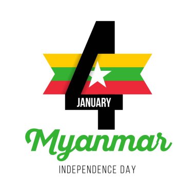 4 Ocak 'ı, Myanmar Ulusal Günü' nü ve Myanmar bayrağının renklerinin yazılı olduğu metni kutluyoruz. Vektör illüstrasyonu