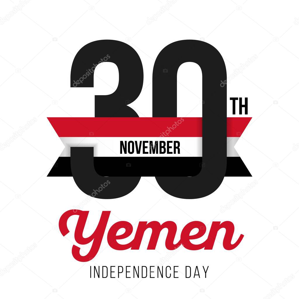 Congratulatory design for November 30, the Independence Day of Yemen and the text with the colors of the flag of Yemen. Vector illustratio