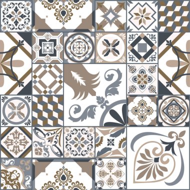 İslamiyet, Arapça, sehpa motifleri ile renksiz yama döşemeleri. Majolica çömlek döşemesi. Portekizce ve İspanya dekoru. Talavera tarzı seramik fayans. Vektör illüstrasyonu.