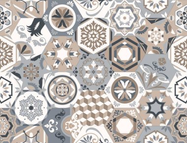 Vektör pürüzsüz doku. Altıgen dekoratif elementlerle tasarım ve moda için güzel bir mega yama deseni. Portekiz fayansları, Azulejo, Fas süslemeleri