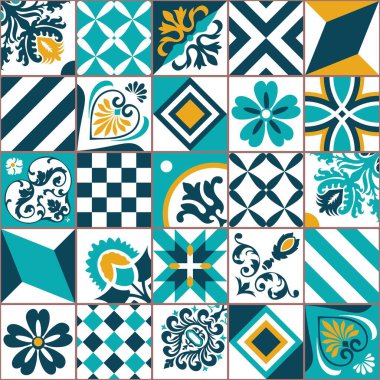 Lizbon geometrik Azulejo fayans vektör deseni, Portekiz veya İspanyol eski fayans mozaiği, Akdeniz dikişsiz turkuaz ve sarı tasarım. Süslü tekstil arkaplanı