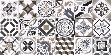 Geleneksel Portekiz dekoratif fayansları azulejos. Soyut arkaplan. Vektör el çizimi, tipik Portekiz fayansları, seramik fayanslar. Mandalas seti