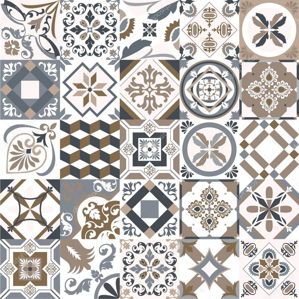 Traditional ornate Portuguese decorative tiles azulejos. Abstract background. Vector hand drawn illustration, typical Portuguese tiles, Ceramic tiles. Set of mandala