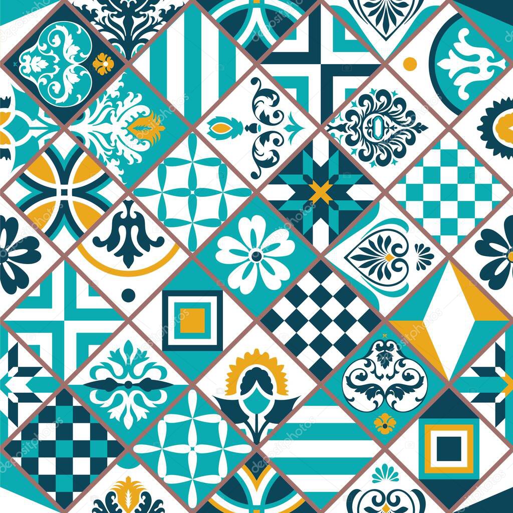 Lisbon geometric Azulejo tile vector pattern, Portuguese or Spanish retro old tiles mosaic, Mediterranean seamless turquoise and yellow design. Ornamental textile background