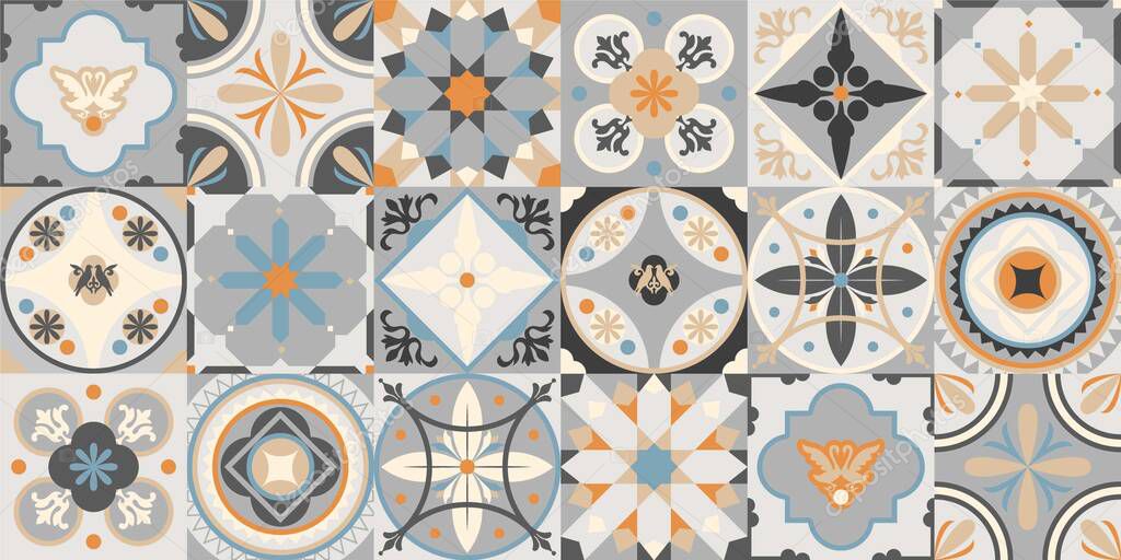 Talavera pattern. Indian patchwork. Azulejos portugal. Turkish ornament. Moroccan tile mosaic. Ceramic tableware, folk print. Spanish pottery. Ethnic background. Mediterranean seamless wallpaper.