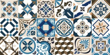 Lizbon geometrik Azulejo fayans vektör deseni, Portekiz veya İspanyol eski fayans mozaiği, Akdeniz dikişsiz turkuaz ve sarı tasarım. Süslü tekstil arkaplanı