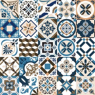 Lizbon geometrik Azulejo fayans vektör deseni, Portekiz veya İspanyol eski fayans mozaiği, Akdeniz dikişsiz turkuaz ve sarı tasarım. Süslü tekstil arkaplanı