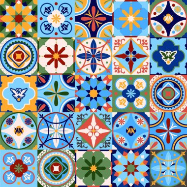 Azulejos Portekiz. Türk süsü. Fas fayans mozaiği. Seramik sofra takımı, halk baskısı. İspanyol çömleği. Etnik kökenli. Akdeniz 'in dikişsiz duvar kağıdı.