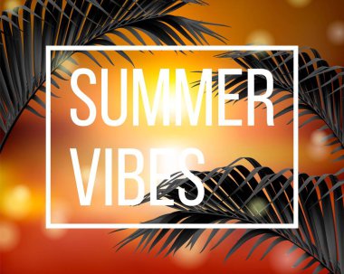 Summer Vibes Poster Şablonu. Davetiye şablonu palmiye ağacı el ilanı tasarımı. Tropik gün batımı