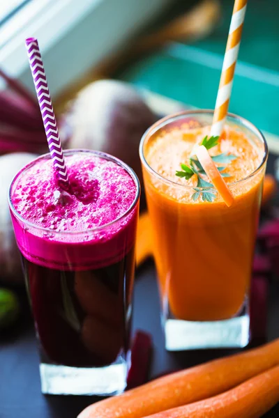 stock image Freshly Made Vegetable Juices, Carrot, Beet. Vegetarian food. Healthy life.