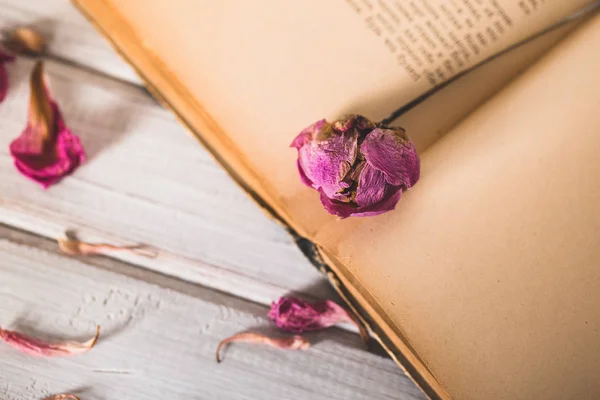 Dried flowers and book on wooden background — Stock Photo, Image