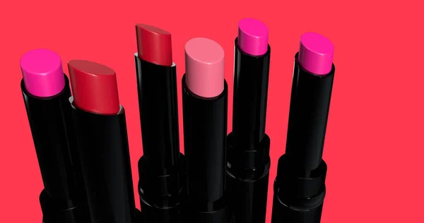 Dramatic shot of Lipsticks with black tubes against deep pink background. This is a high fashion product