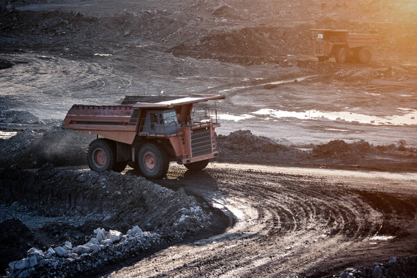 coal-preparation plant. Big mining truck at work site coal trans
