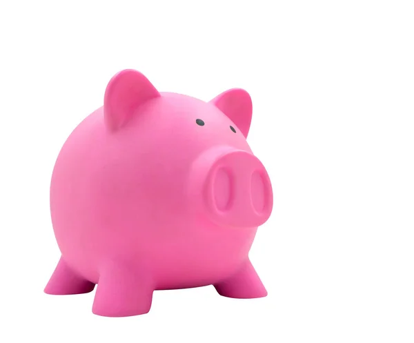 由孤立的塑料制成的粉红色小猪银行的侧视图 — 图库照片