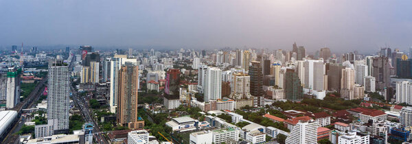 BANGKOK, THAILAND - May 19, 2017 panorama view of bangkok city and modern office buildings in Aerial view, Bangkok is the capital and most populous city of Thailand.