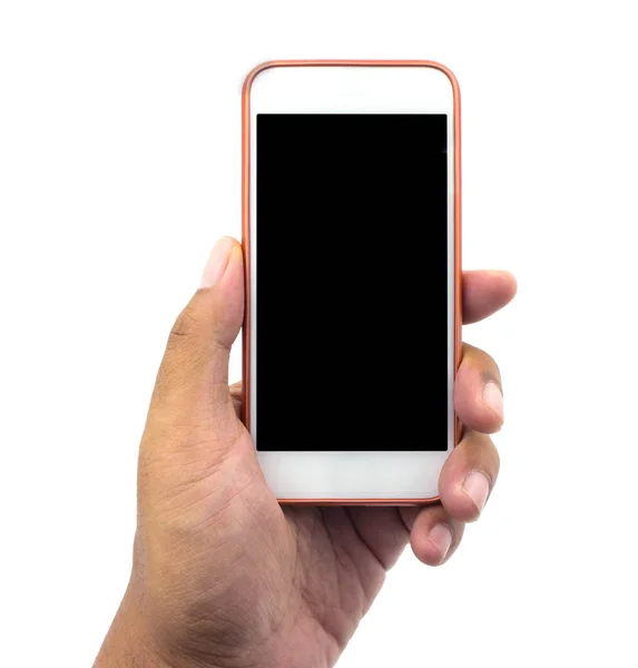 Ręka trzyma biały inteligentny telefon na białym tle nad białym tle — Zdjęcie stockowe