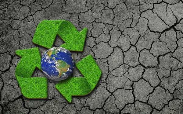 Земной Шар Переработанный Логотип Который Поднимается Зеленой Травы Помещаются Землю — стоковое фото