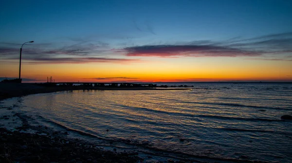 Solnedgang Stranden Lyserøde Skyer Mole - Stock-foto