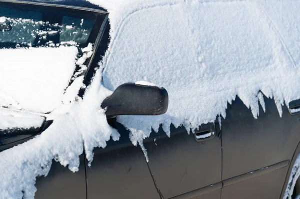 Bahçede karla kaplı bir araba.