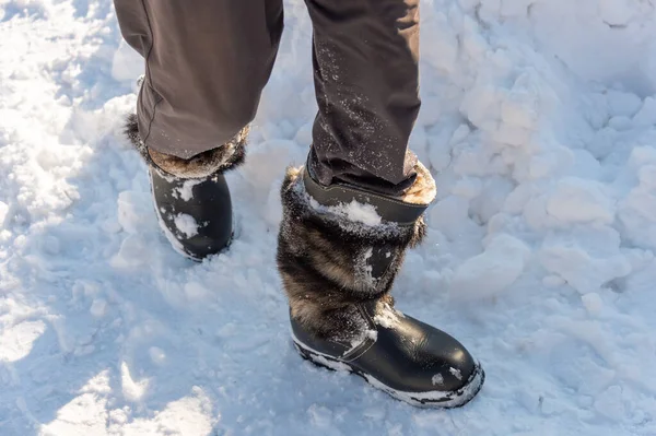 a walk in the snow. closeup of winter shoes