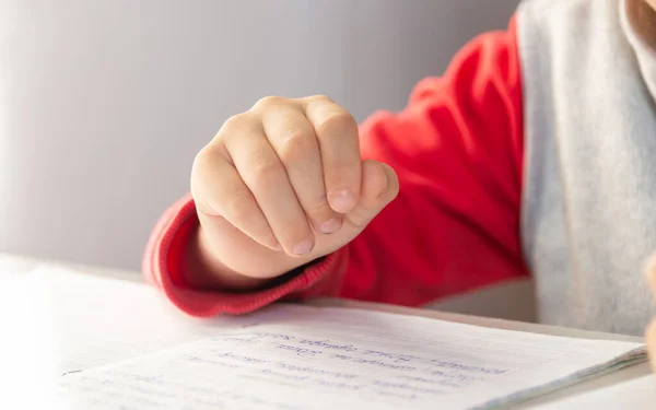 Niño Concentrado Haciendo Tarea Casa Chico Sentado Mirando Libros Cuadernos —  Fotos de Stock