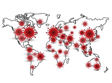 Covid 19 haritasının illüstrasyonu dünya çapında vaka raporlarını doğruladı. Coronavirus hastalığı durumu 2020 yılında dünya çapında güncellendi. Haritalar koronavirüsün mavi arka planda, vektör çiziminde nerede yayıldığını gösteriyor.