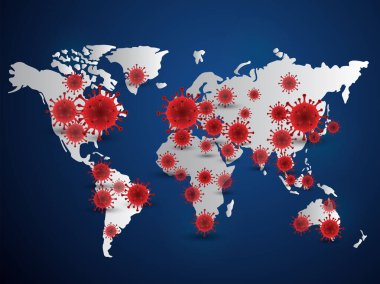 Covid 19 haritasının illüstrasyonu dünya çapında vaka raporlarını doğruladı. Coronavirus hastalığı durumu 2020 yılında dünya çapında güncellendi. Haritalar koronavirüsün mavi arka planda, vektör çiziminde nerede yayıldığını gösteriyor.