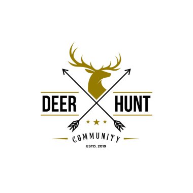 Geyik avcısı logosu, rozet, amblem, etiket tasarımı şablonu. Geyik kafası silueti ve okun vektör çizimi. Avcı kulübü, geyik avı sembolü simgesi 