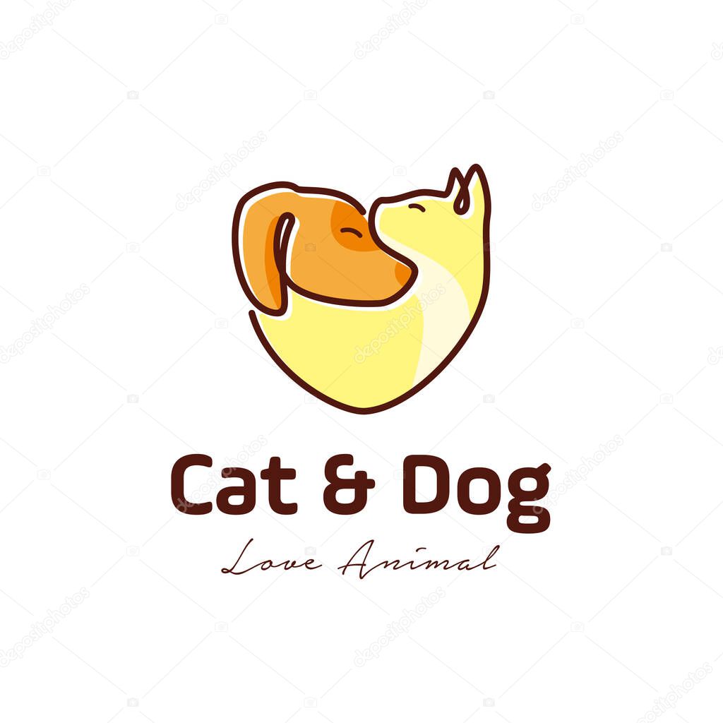 cat and dog pet love logo with line art, monoline, outline concept design illustration. pet shop, pet services, pet clinic symbol icon