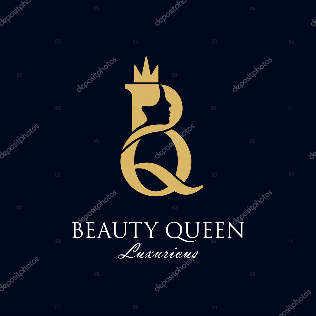 Initial B Q royal beauty queen woman face with crown logo design vector, showing initial B Q with lady face on negative space with crown