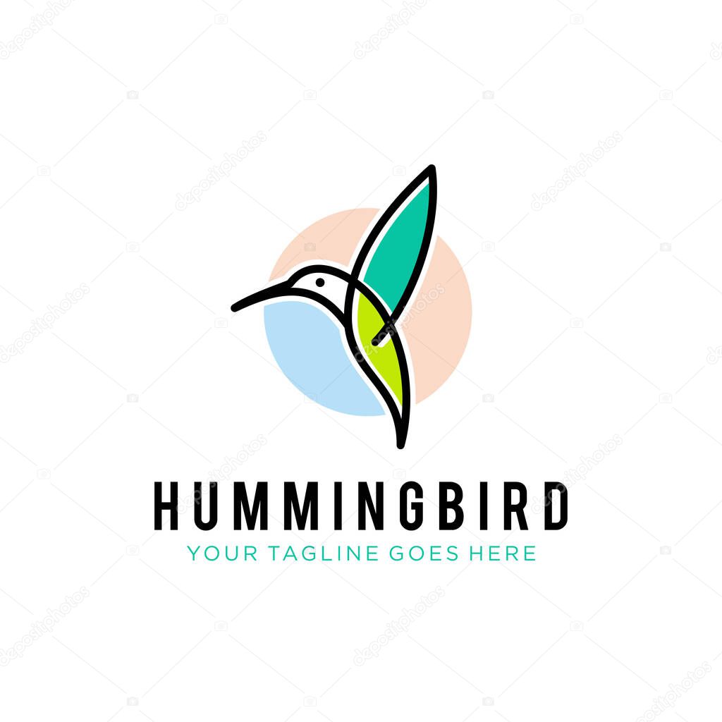 Flying bird logo design template with linear concept style. vector illustration of hummingbird/colibri in outline, monoline style